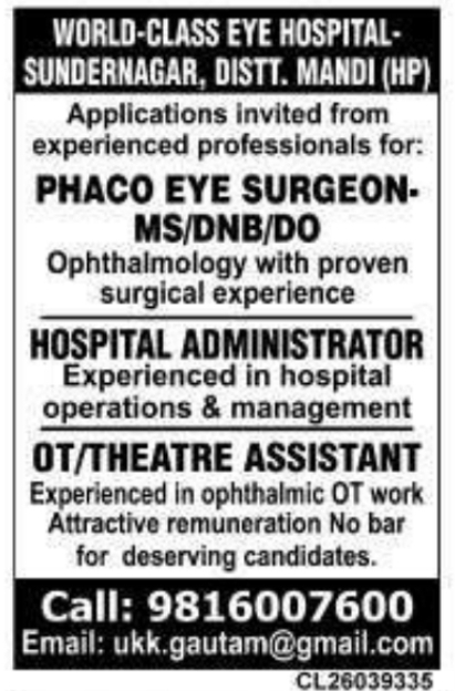 Medical Staff Openings at World-Class Eye Hospital Sundernagar