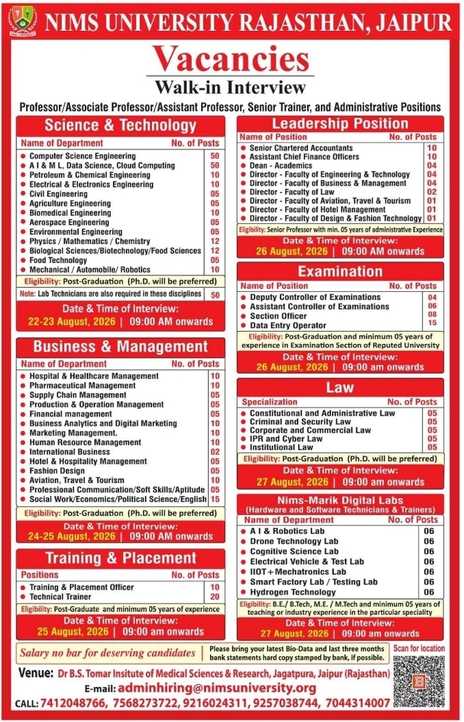 Mega Walk-In Interview Recruitment at NIMS University, Jaipur