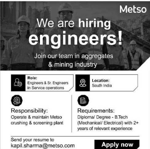 Metso Engineer Recruitment for Aggregates & Mining Industry
