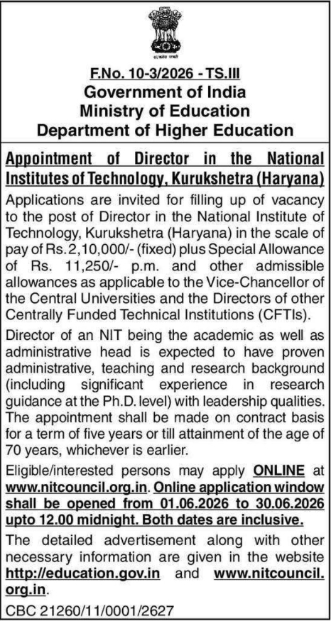 Ministry of Education NIT Kurukshetra Director Appointment 2026