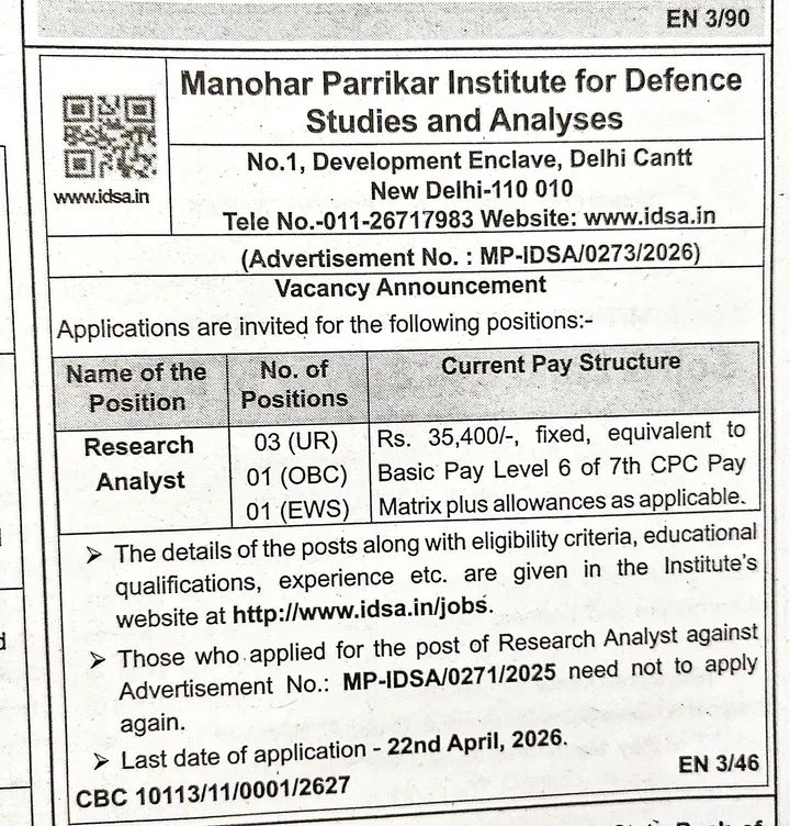 MP-IDSA Recruitment 2026: Research Analyst Positions