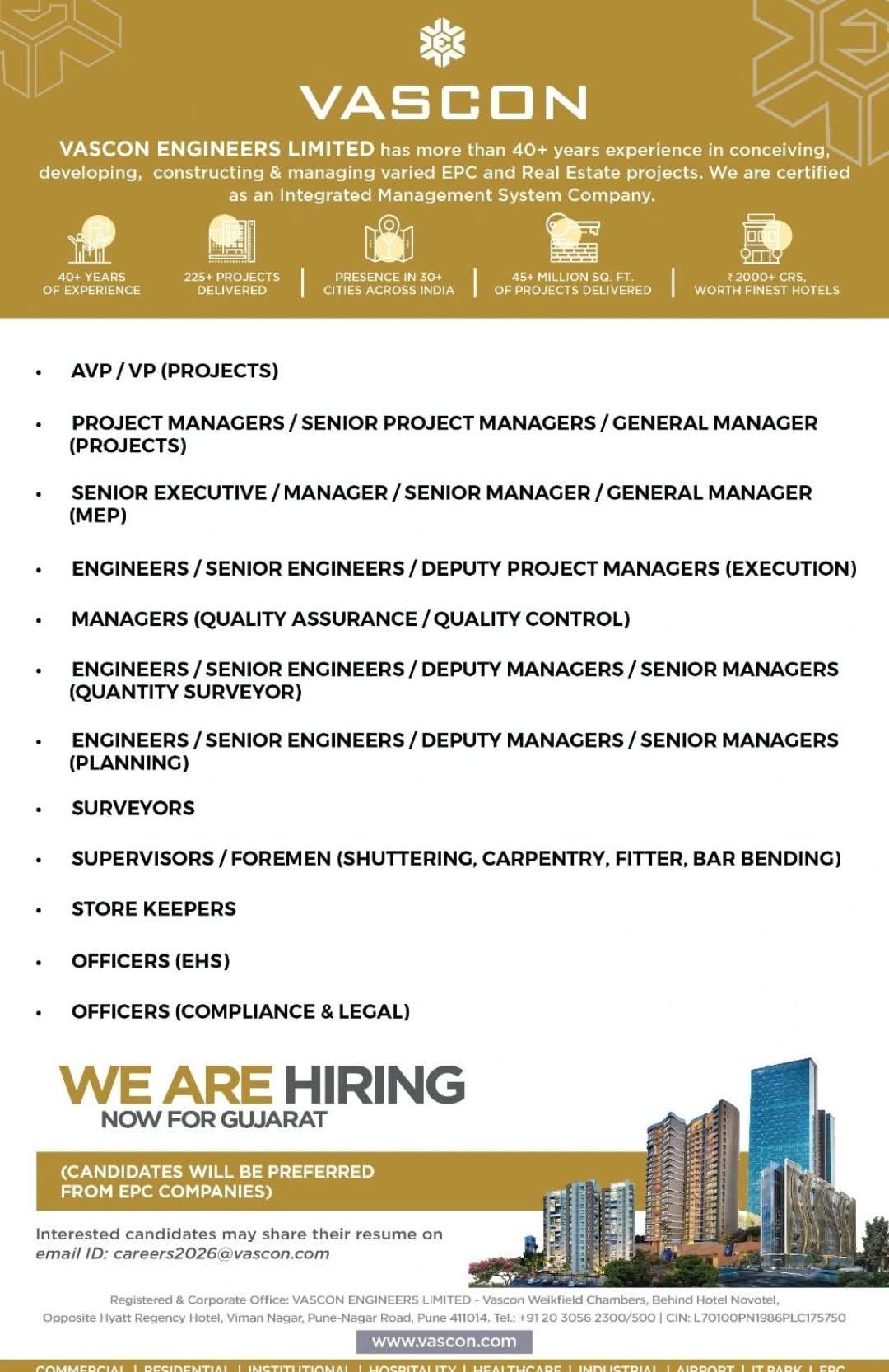 Multiple Construction & Engineering Openings at Vascon Engineers Limited