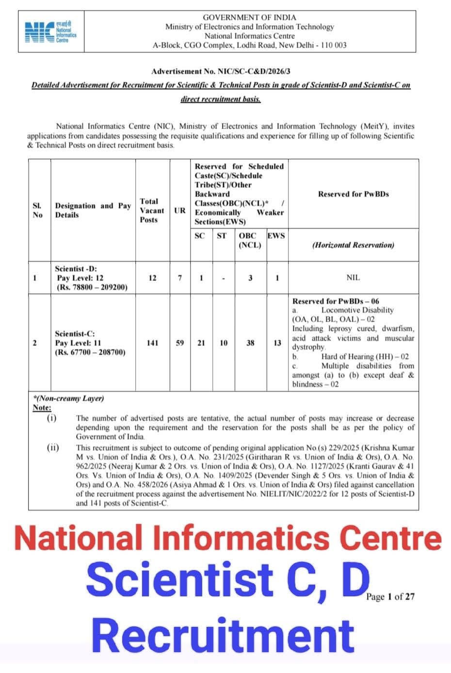 National Informatics Centre Recruitment 2026: Scientist -C & D Position