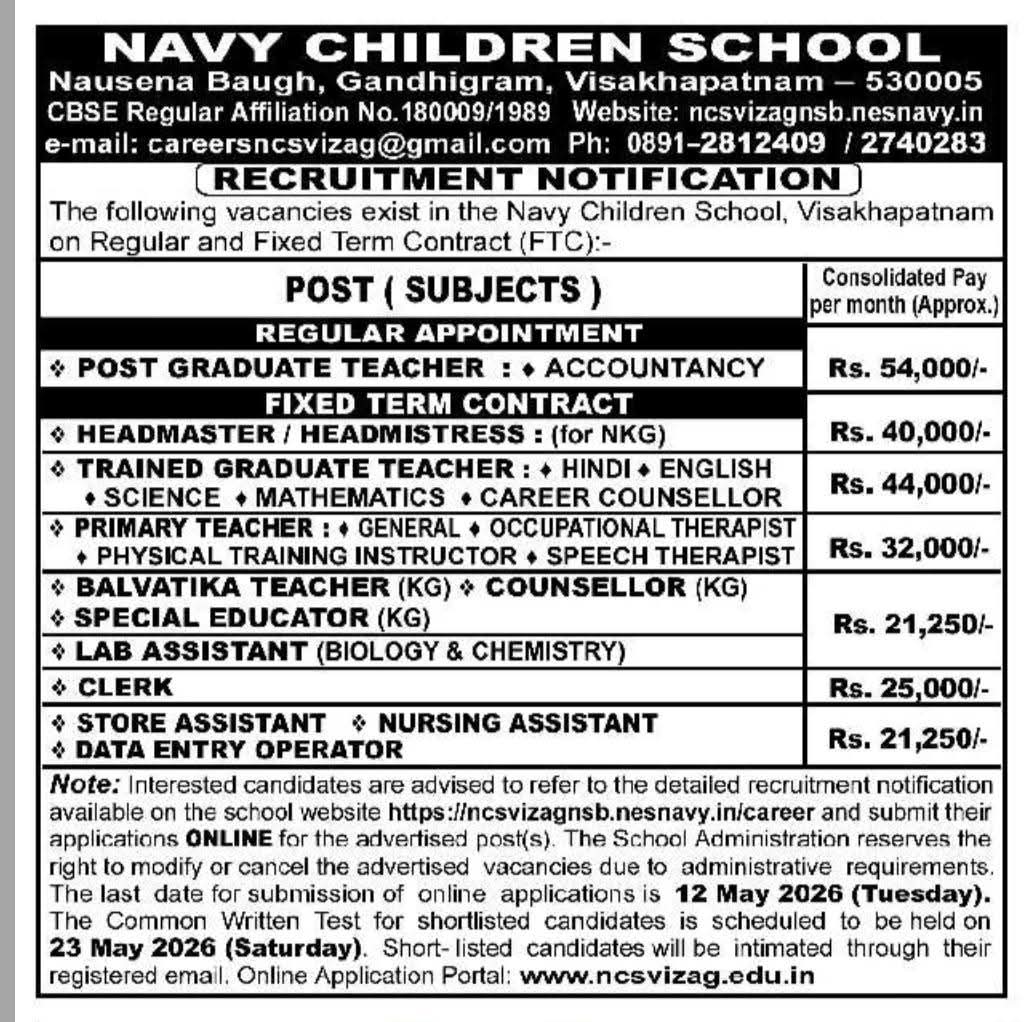 Navy Children School Recruitment 2026-27