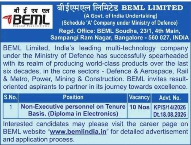Non-Executive Personnel Recruitment by BEML Limited