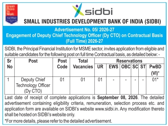 Notification for Contractual Engagement of Deputy Chief Technology Officer by SIDBI
