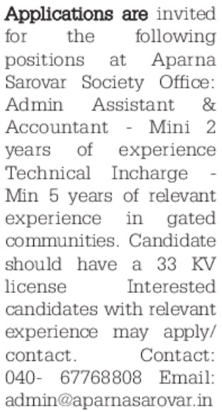 Office and Technical Staff Required at Aparna Sarovar, Nallagandla