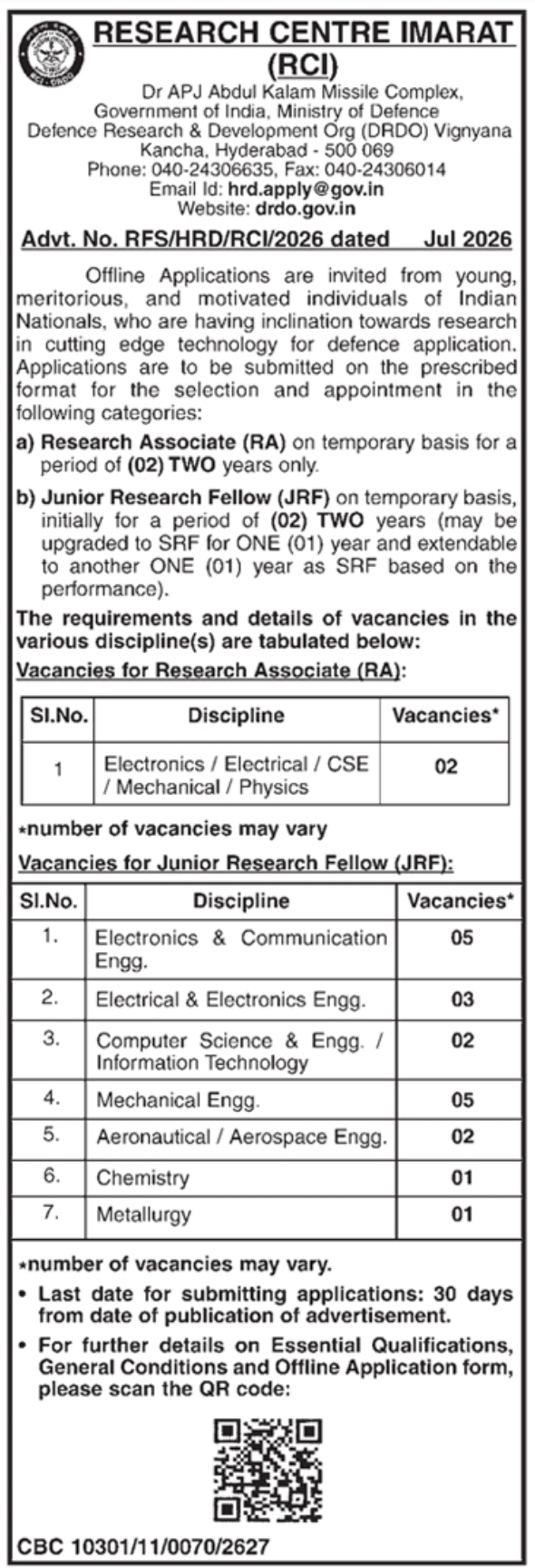 Offline Applications for Fellowship Positions by RCI Hyderabad