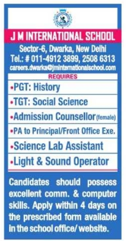 PGT, TGT, and Support Staff Recruitment by J M International School