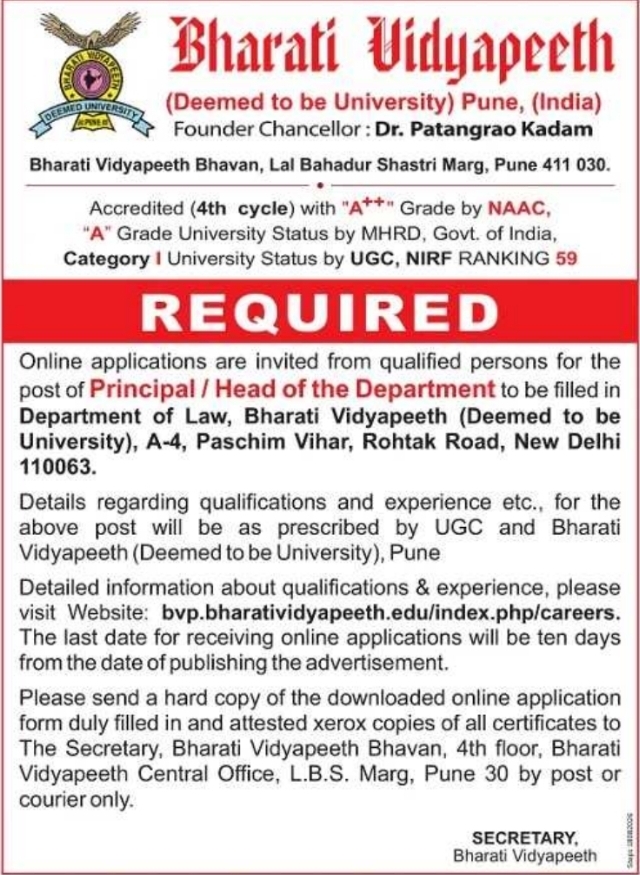 Principal and Head of Department Recruitment by Bharati Vidyapeeth