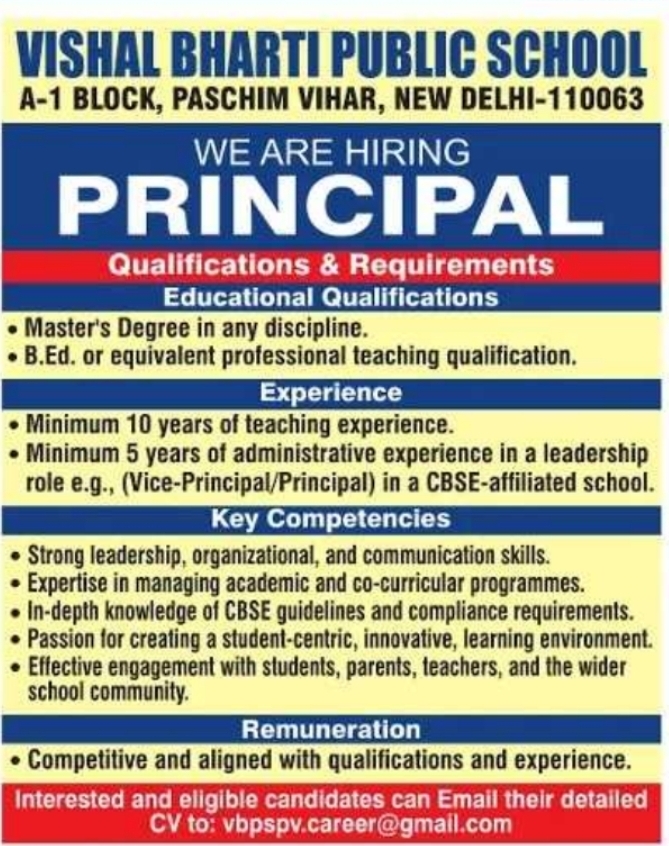 Principal Recruitment by Vishal Bharti Public School