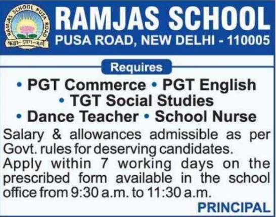 Ramjas School Delhi Teacher & Staff Recruitment 2026