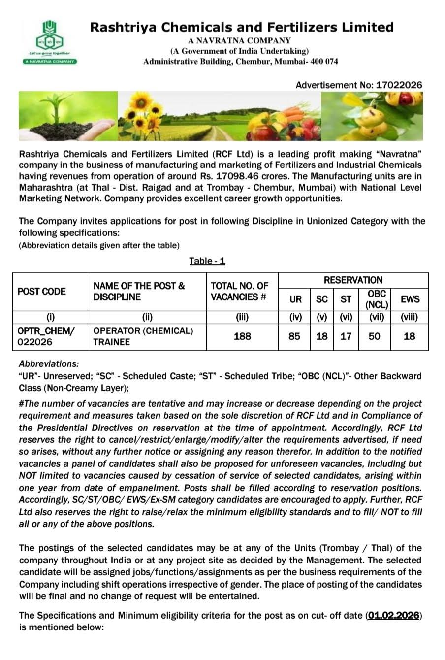 RCF Ltd Recruitment for Operator (Chemical) Trainee