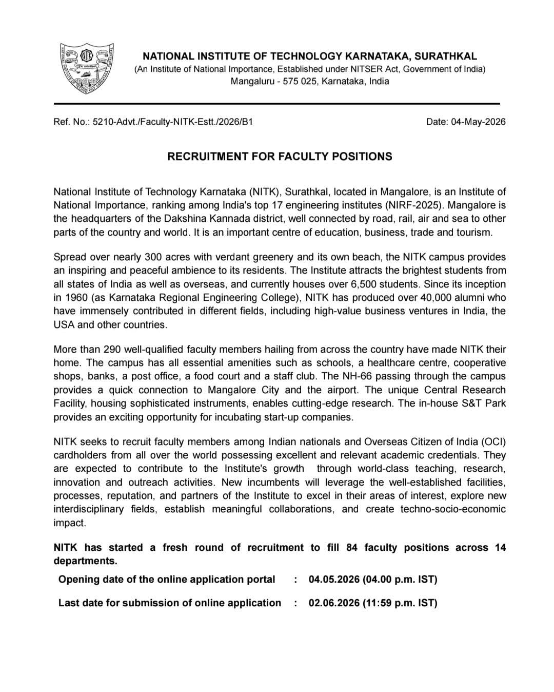 Recruitment: 84 Faculty Positions at NITK Surathkal