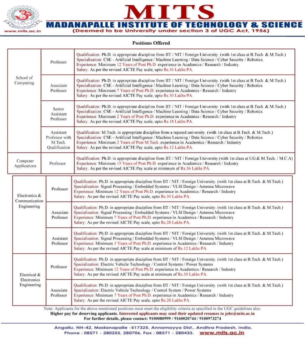 Recruitment: Faculty Positions at Madanapalle Institute of Technology & Science (MITS)