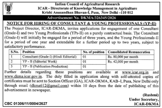 Recruitment for Consultant and Young Professionals by ICAR-DKMA