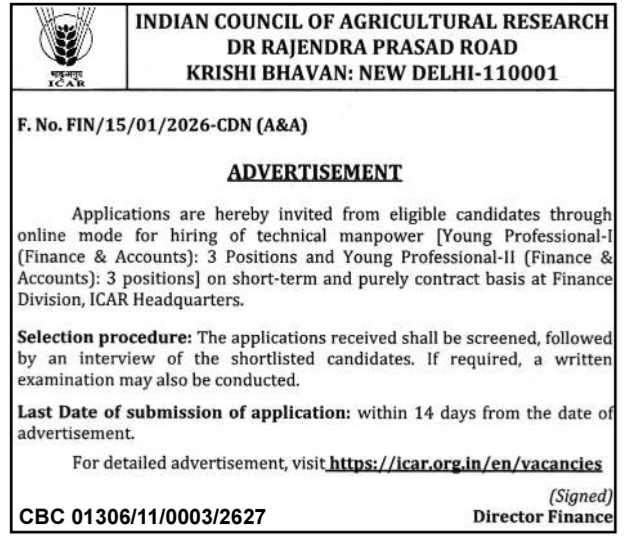 Recruitment for Finance Technical Manpower by ICAR