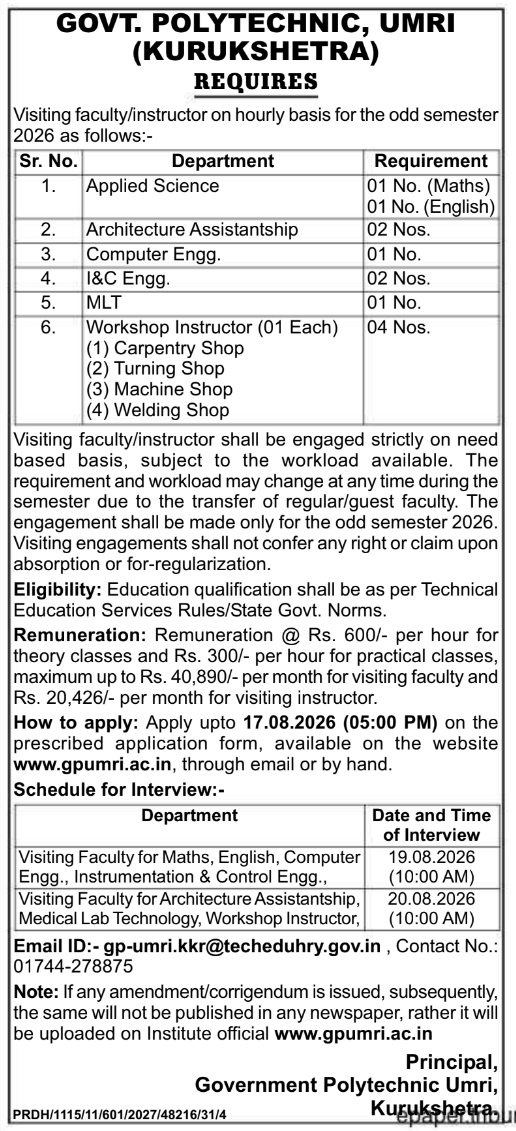 Recruitment for Visiting Faculty and Instructors at Government Polytechnic Umri