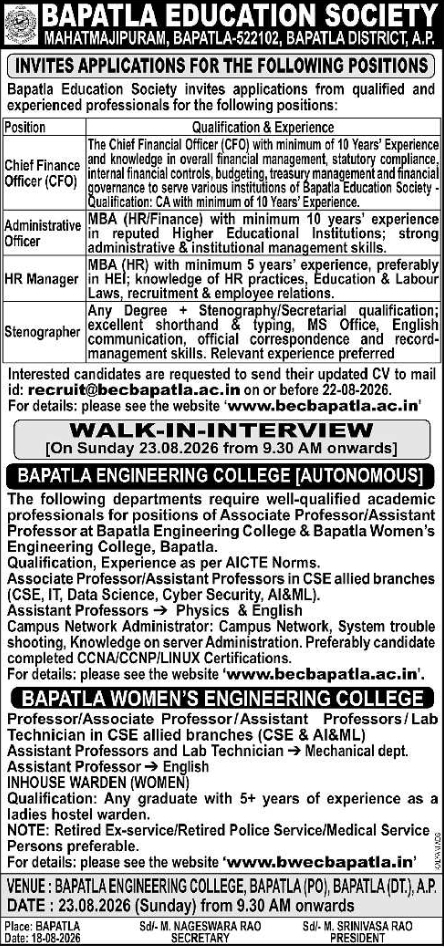 Recruitment Notification for Academic and Administrative Positions by Bapatla Education Society