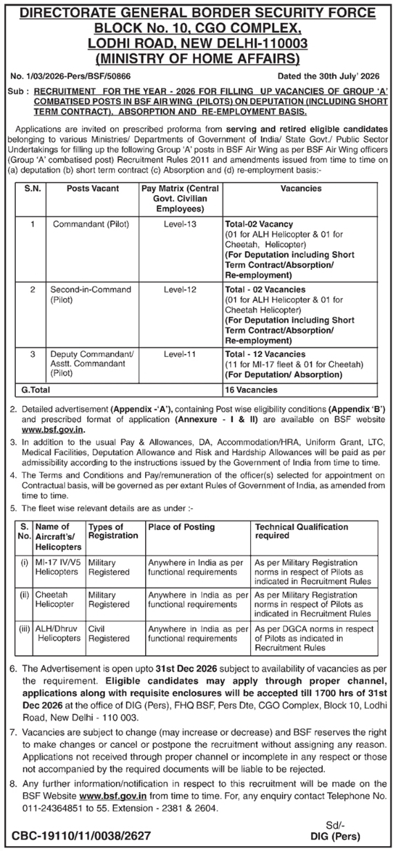 Recruitment Notification for Air Wing Vacancies by BSF
