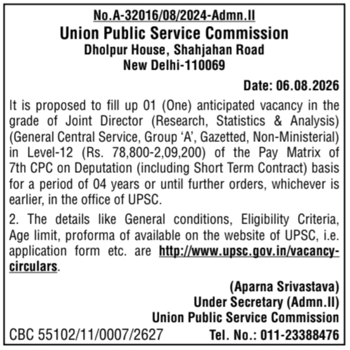 Recruitment Notification for Joint Director Position by UPSC