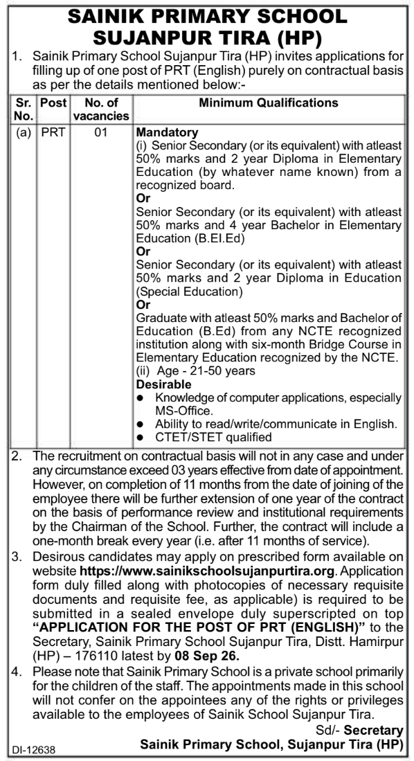 Recruitment Notification for PRT English Teacher on Contract Basis by Sainik Primary School