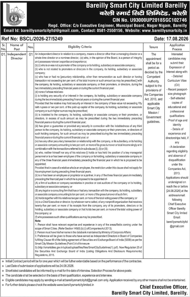 Recruitment of Independent Director by Bareilly Smart City Limited