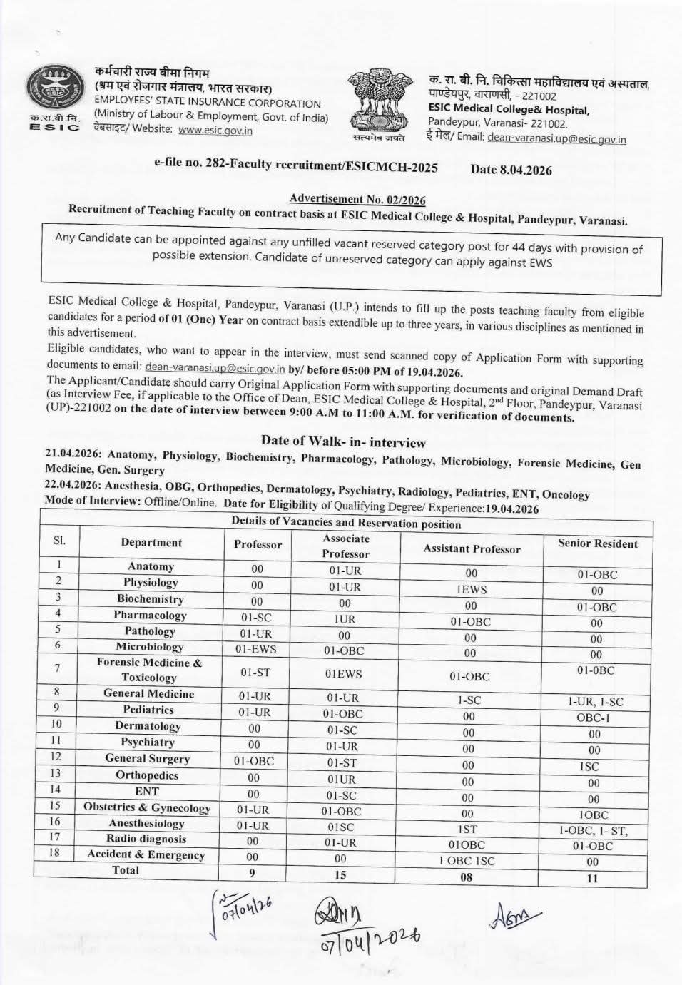 Recruitment of Teaching Faculty: ESIC Medical College & Hospital, Varanasi