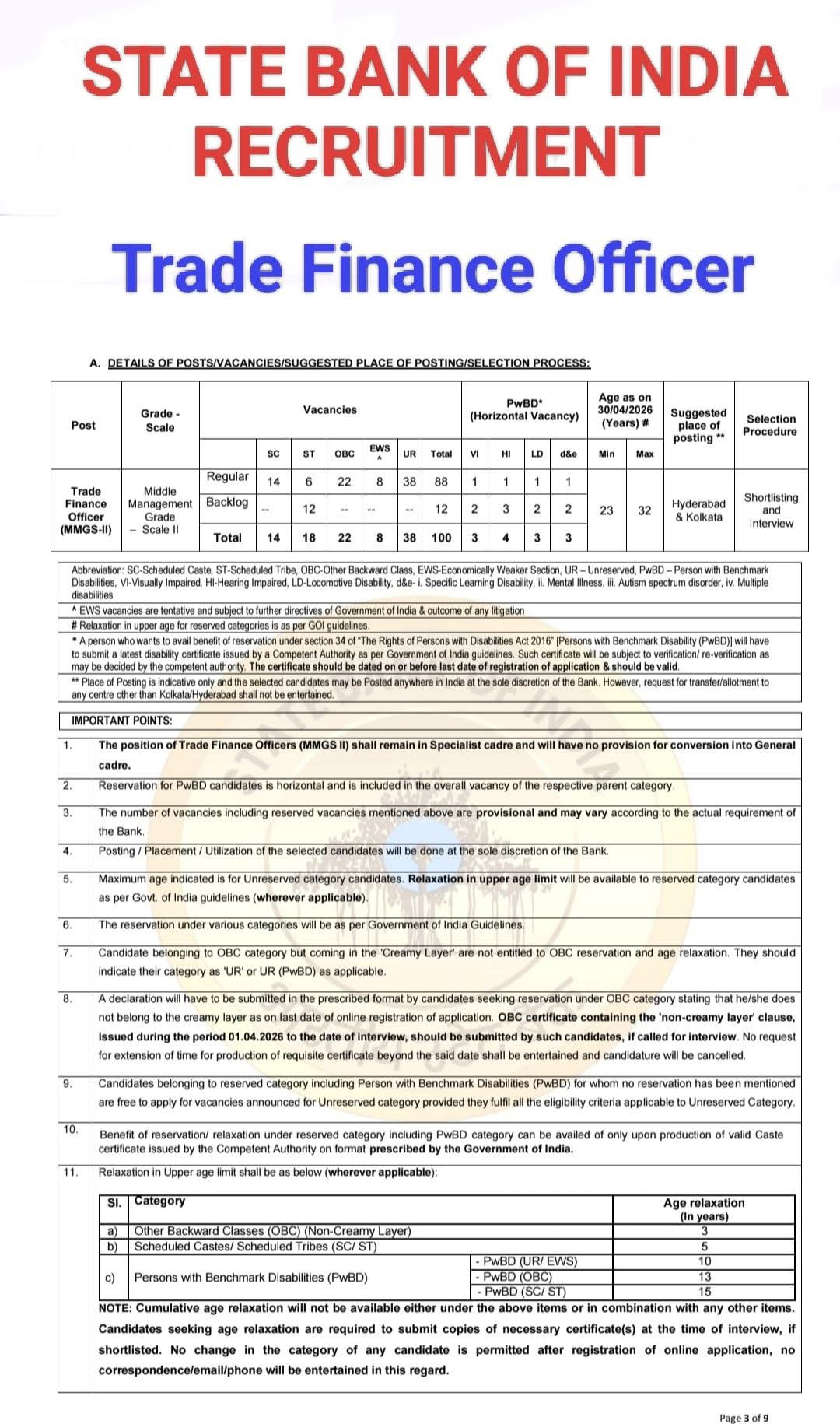 Recruitment: Trade Finance Officer at State Bank of India