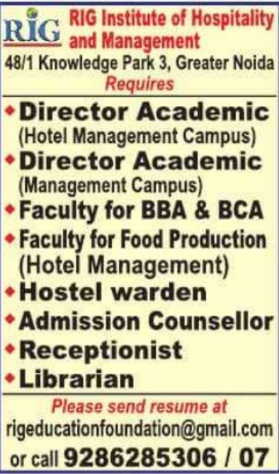 RIG Institute of Hospitality and Management Recruitment: Academic & Staff Vacancies