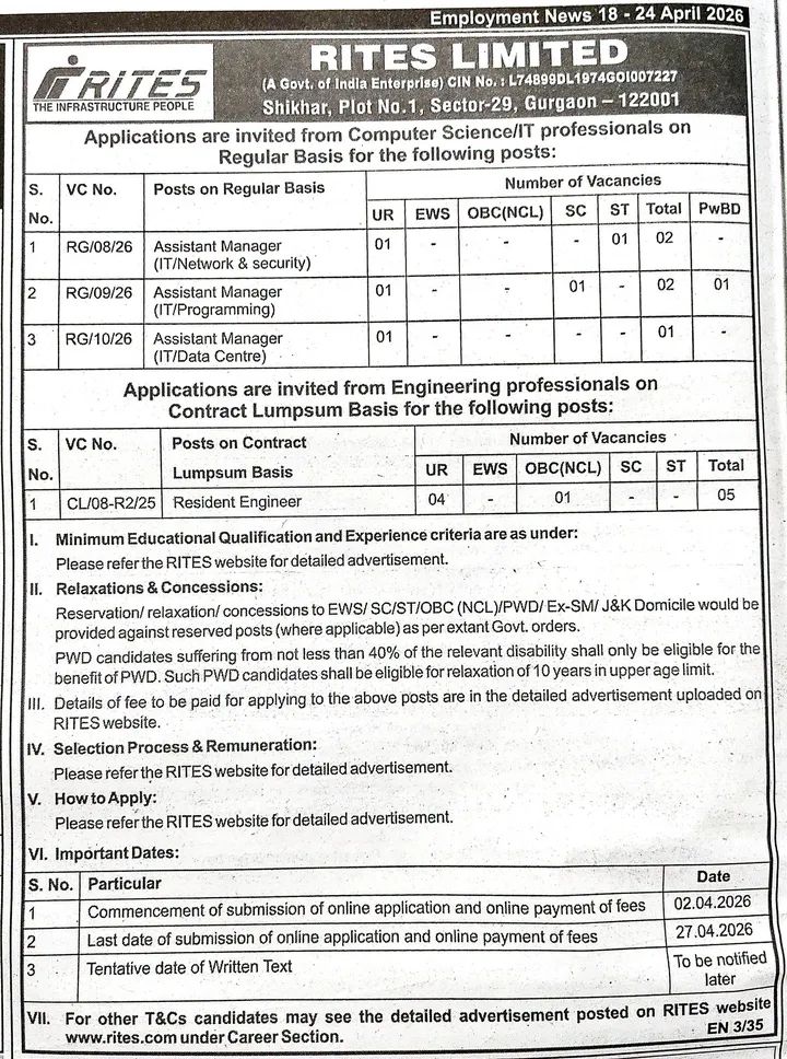 RITES Limited Recruitment 2026: Vacancies for IT & Engineering Professionals