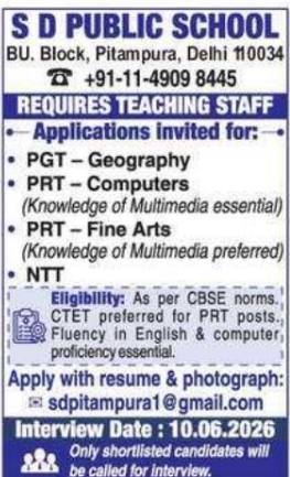 S D Public School Pitampura Faculty Recruitment 2026