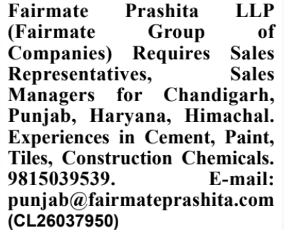 Sales Representatives and Managers Hiring at Fairmate Prashita LLP