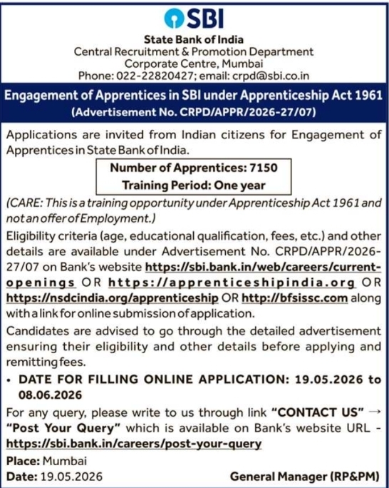 SBI Apprenticeship Recruitment 2026-27