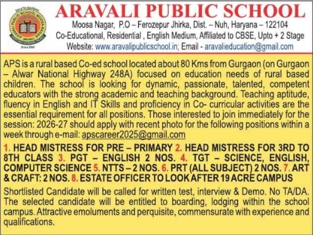 School Teaching and Staff Recruitment by Aravali Public School Nuh