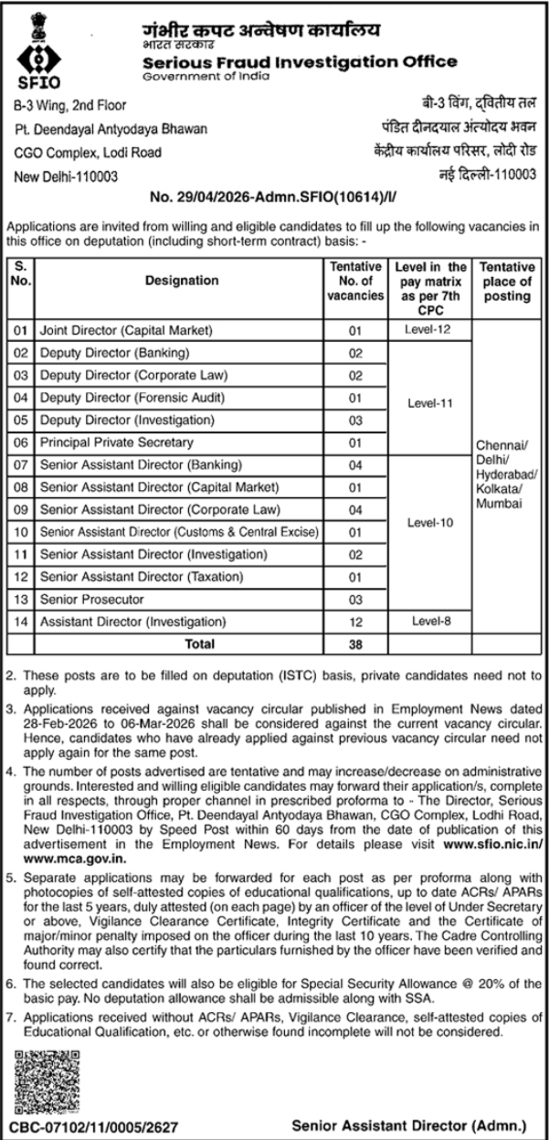 SFIO Various Posts Recruitment Notice On Deputation Basis