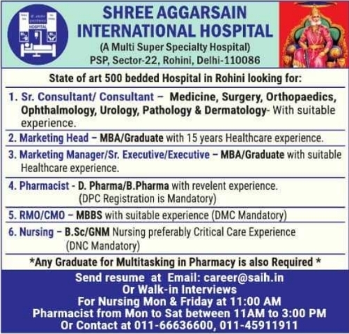Shree Aggarsain International Hospital Recruitment: Medical, Nursing, & Management Roles