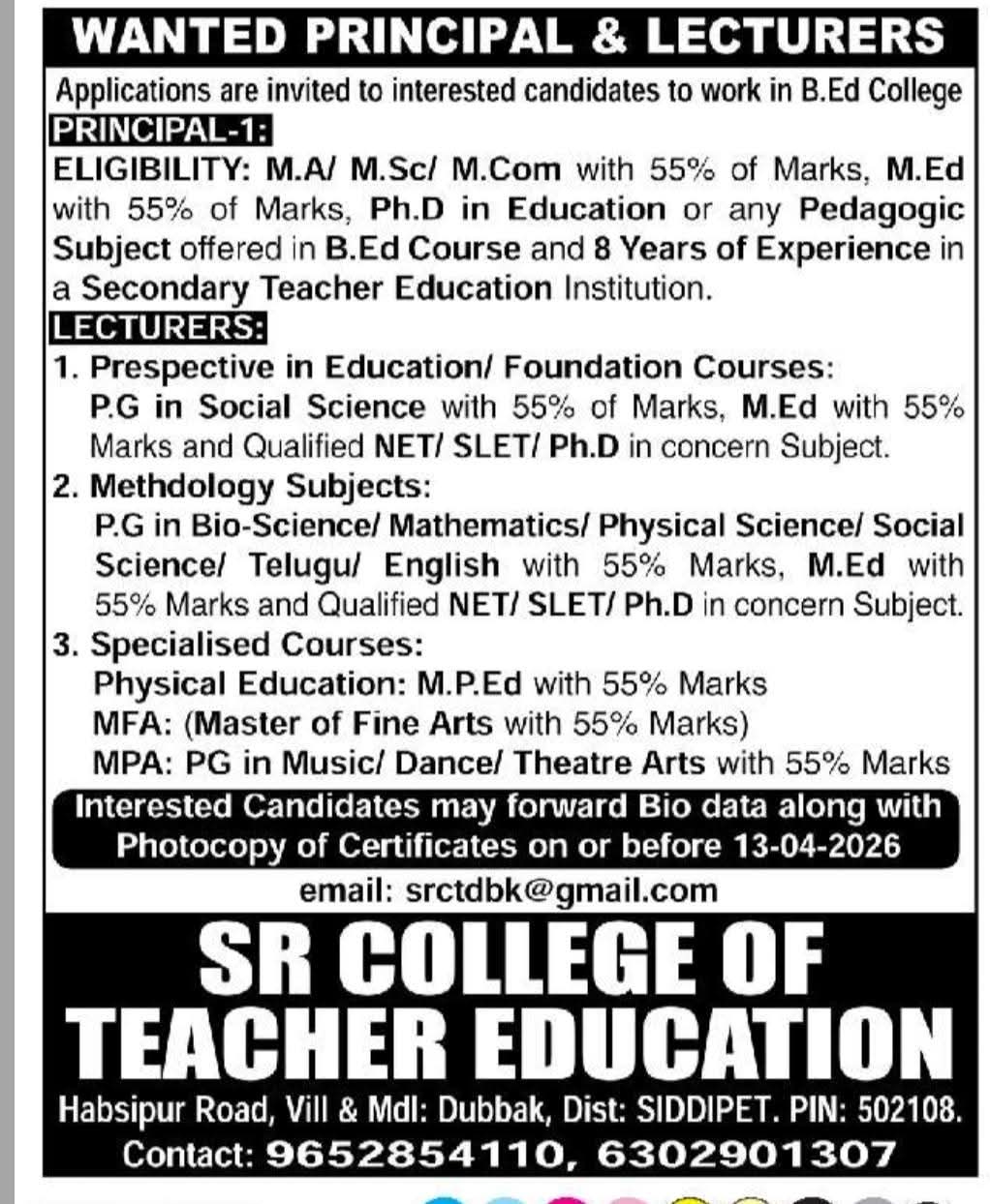 SR College of Teacher Education Faculty Recruitment 2026
