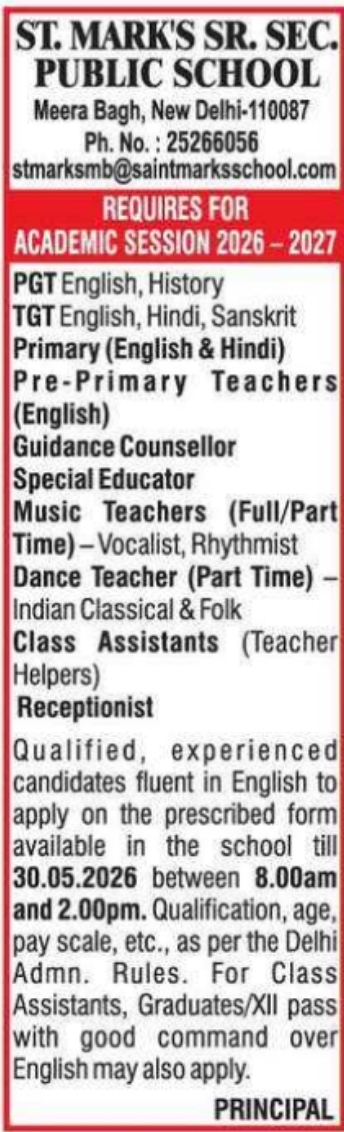 St. Mark's Sr. Sec. Public School Recruitment 2026-27