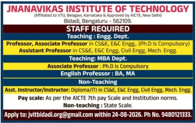 Teaching and Non-Teaching Faculty Openings by Jnanavikas Institute of Technology