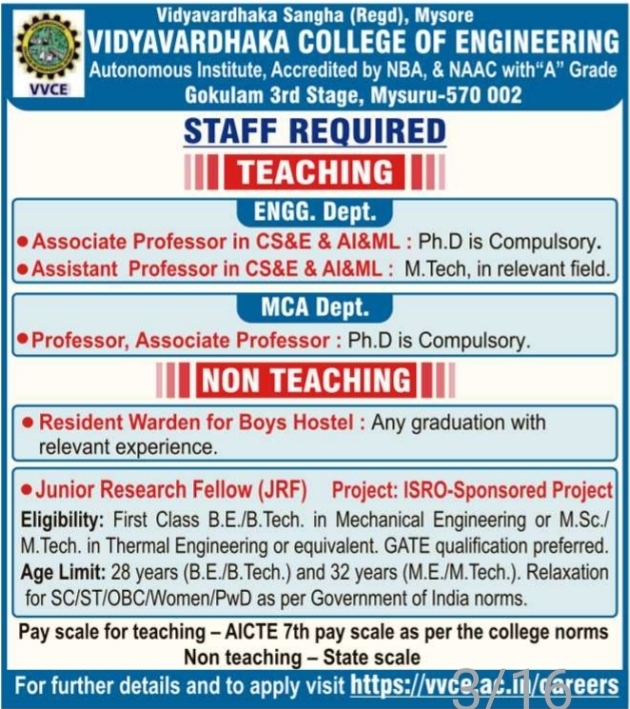 Teaching and Non-Teaching Staff Recruitment Notice by VVCE
