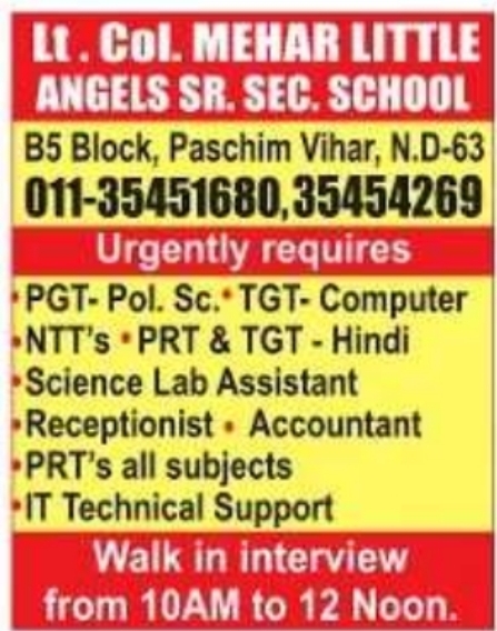 Teaching and Non-Teaching Walk-In Interview at Lt. Col. Mehar Little Angels School