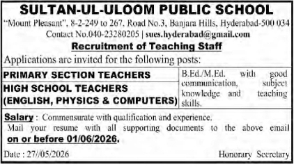 Teaching Staff Wanted at Sultan-Ul-Uloom Public School, Banjara Hills