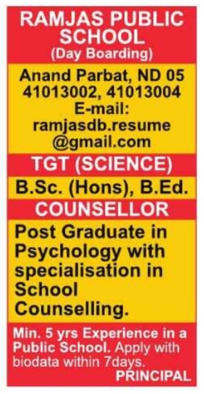 TGT Science and School Counsellor Recruitment by Ramjas Public School