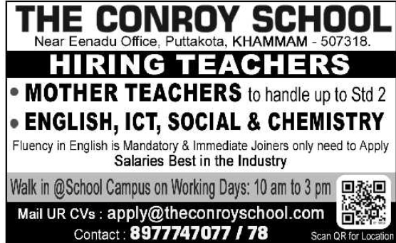 The Conroy School Teacher Job Openings in Khammam