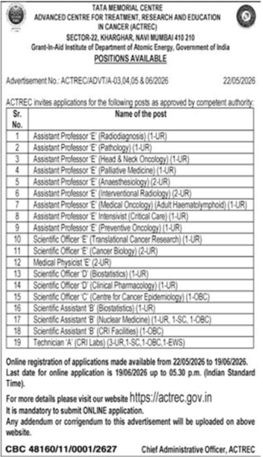 TMC ACTREC Navi Mumbai Medical and Scientific Positions Available