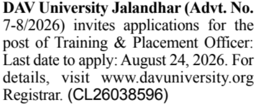 Training and Placement Officer Vacancy at DAV University