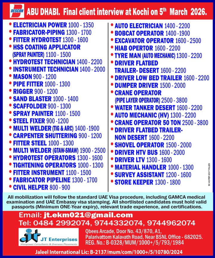 Urgent Hiring for Abu Dhabi