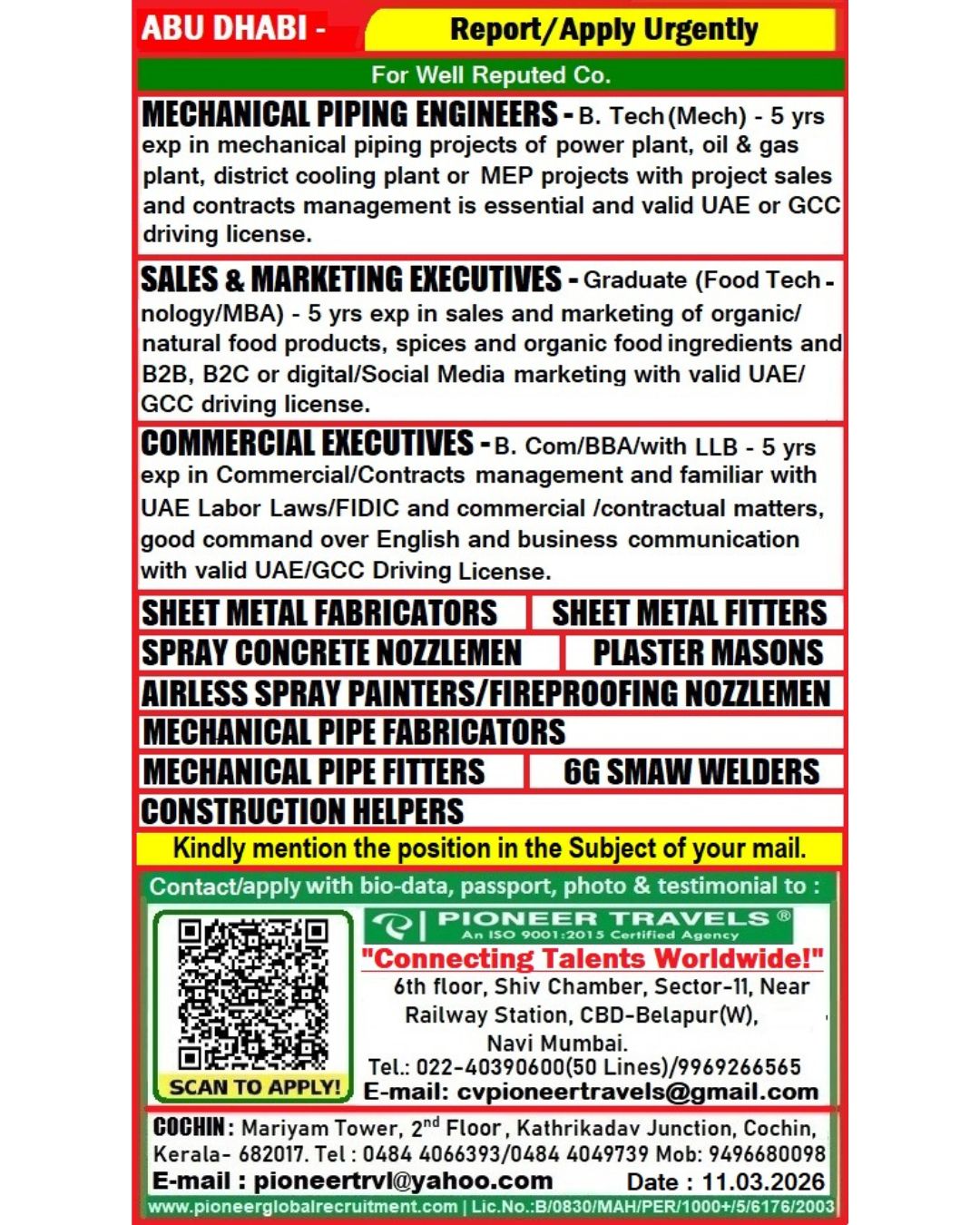 Urgent Hiring for Abu Dhabi