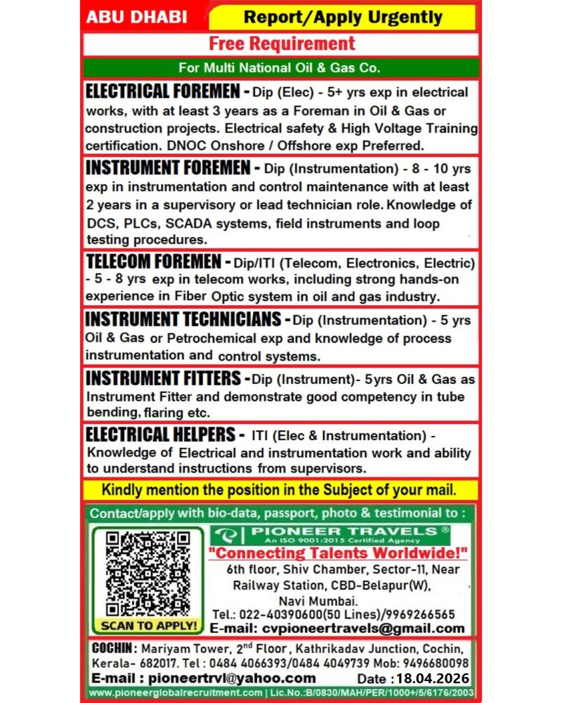 Urgent Hiring for Abu Dhabi